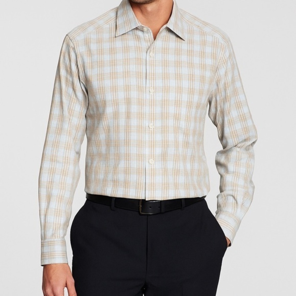 Ermenegildo Zegna blue and tan plaid button down shirt